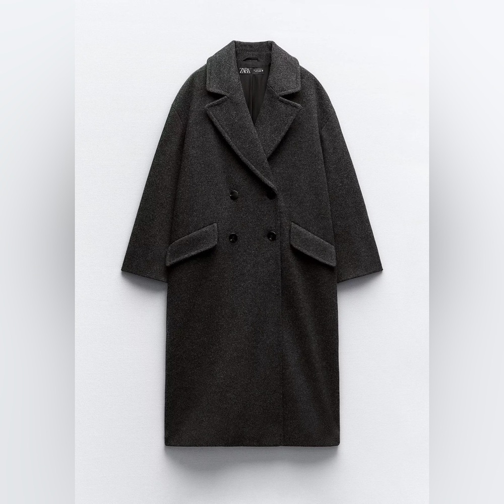 Zara Charcoal Double-Breasted Wool Trench Coat